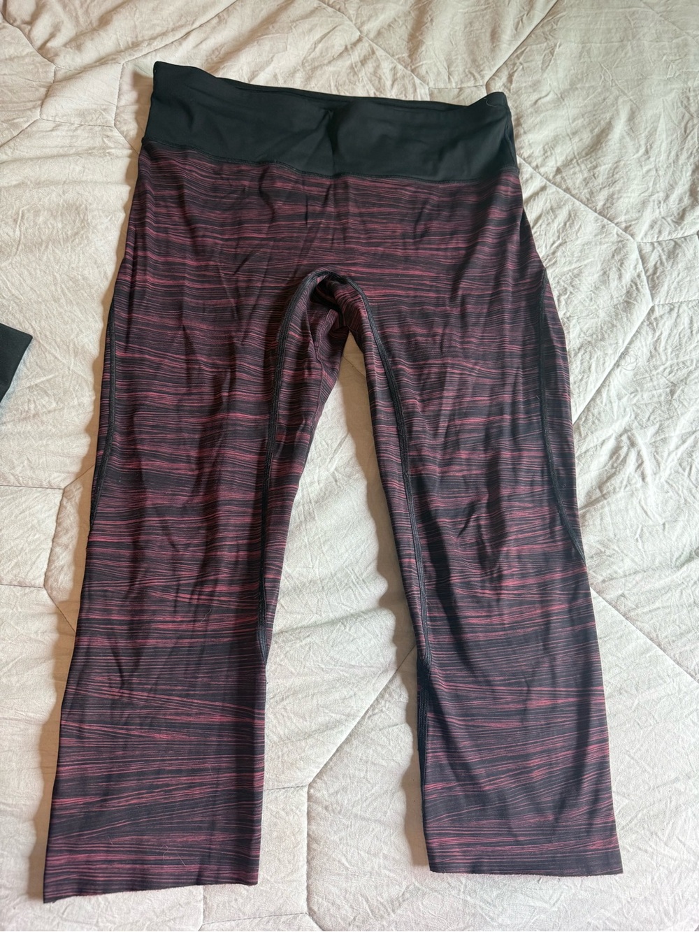 lululemon athletica Black Cropped Leggings with Maroon Stripe Detail